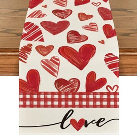 Artoid Mode Red Buffalo Plaid Love Heart Table Runner, Anniversary Kitchen Dining Table Decoration for Home Party Decor 13x48 Inch