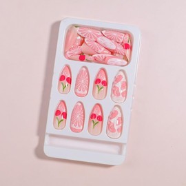 3D Pink Strawberries Press on Nails 3D Curve Line False Nails Pink Gradient Gel Glue on Nails Medium Oval Cherry Glossy Acrylic Fake Nails Ombre Stick on Nails for Coquette Women Girls 24PCS