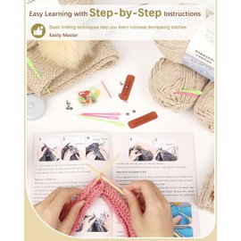Reessy Knitting Kits for Beginners Adults, Hat Scarve Gloves Knitting Starter Kit for Adults Learning to Knit Include Step-by-Step Instruction Book, Knitting Needles Soft Yarn Balls and Leather Labels