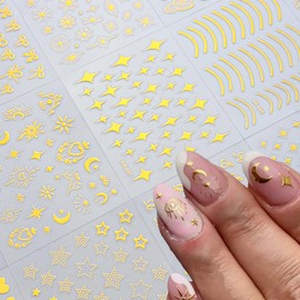 30Sheets Gold Nail Art Stickers Star Line 3D Self Adhesive Nail Stickers for Nail Art Moon Stars Nail Decals Heart Nail for Women and Girls Manicure DIY Decoration