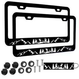 2pcs Moose Forest Mountains License Plate Frame for Women,Mountain Landscape car Decorative tag Frames Girly, Natural Forest License Plate Cover Holder for Vehicle with Double Sided car Keychain tag