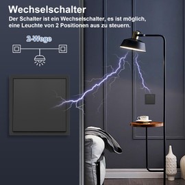 CNBINGO Toggle Switch Matt with Clamping Claws - Single Wall Switch - Black Rocker Switch Flush-Mounted - Plastic Plates with Skin Feel - 80 mm x 80 mm