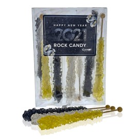 Happy New Year Rock Candy - 10 Pack - Black, Gold, and White Large Individually Wrapped Rock Candy Sticks