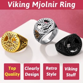 FaithHeart Men's Finger Ring, Thor's Hammer Ring with Rune, Retro Viking Mjölnir Ring with Celtic Knot, Viking Finger Ring for Men, Boys, Women