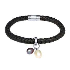 Gem Stone King 7 Inch Bolo Leather Bracelet for Women with Black and White Pearls Steel