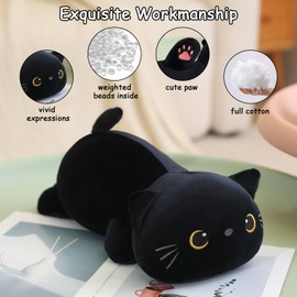SQEQE Weighted Black Cat Plush, Weighted Black Cat Stuffed Animal for Anxiety, Cute Black Cat Plushies Cat Pillow Toy Gift for Kids(13.8 Inch/1.6 lbs,Black Cat)