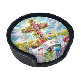 Coasters for Drinks with Holder Easter Rabbits Leather Coasters 6 Pcs Easter Cross with Flowers and Eggs Drink Coasters Sets for Living Room Kitchen Coffee Bar Easter Decor