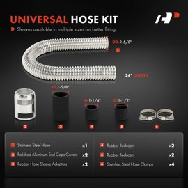 A-Premium 24" Universal Flexible Radiator Hose - Stainless Steel Water Hoses Adapter Coolant Hose Kit - with 2Pcs Polished Aluminum Caps (4 Clamps) Silver