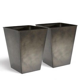 KOL 25'' & 28'' Tall Glazed Planter with Saucer, Set of 2, Galvanized Steel Planter Metal Pots for Indoor & Outdoor Use, Decorative Flower Plant Pots with Drainage Hole for Porch, Patio, Deck - Black