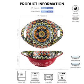 Henten Home Ceramic Salad Bowls with Handle, 19 oz Pasta Bowls Set of 4, Bohemia Porcelain Cereal Bowls, Floral Soup Bowls Set for Kitchen, Ramen, Udon, Microwave & Dishwasher Safe