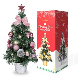 Mrinb 45CM Small Christmas Tree with Lights,Mini Desktop Decoration Tree with Star Tree Topper, Balls, Bows, Pine Cones for Home Office Shopping Bar Christmas Decorations (Pink)