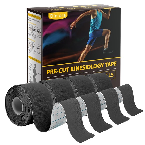 Dimora Kinesiology Tape 4 Rolls - Elastic Cotton Athletic Tape, 65.6 ft 80 Precut Strips in Total, Medical Grade Adhesive Sports Tape for Muscle Pain Relief and Joint Support
