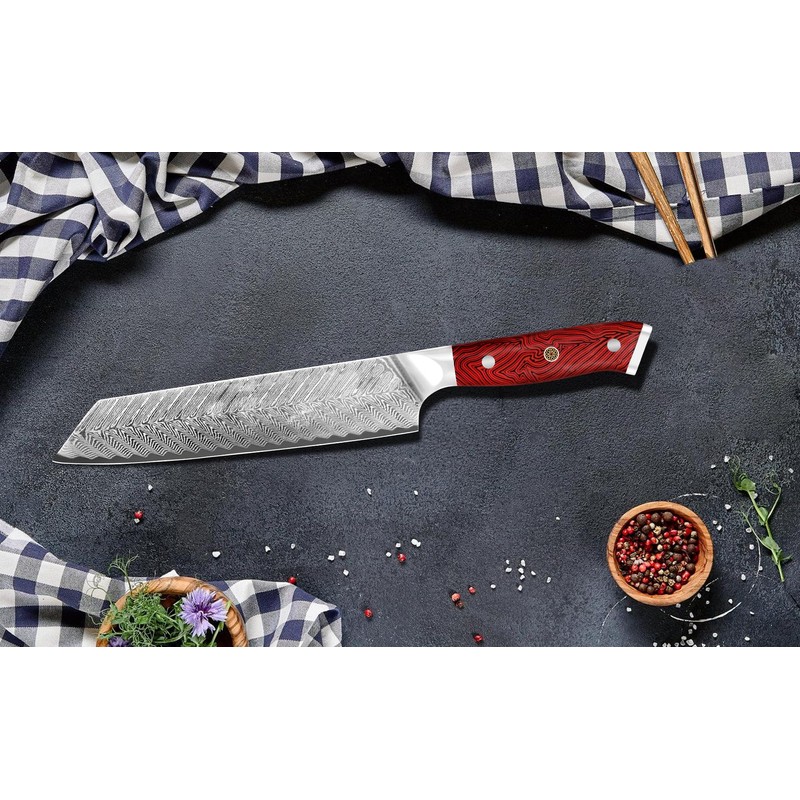 8 Inch Damascus Chef Knife, Feather Pattern Blade, Full Tang