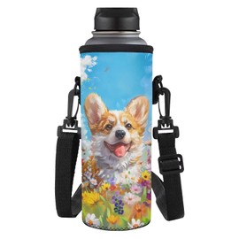 HUGS IDEA Floral Corgi Water Bottle Pouch for Women Cute Dog Water Bottle Carrier with Detachable Strap Washable Polyester Waterbottle Holder for Outdoor Travel