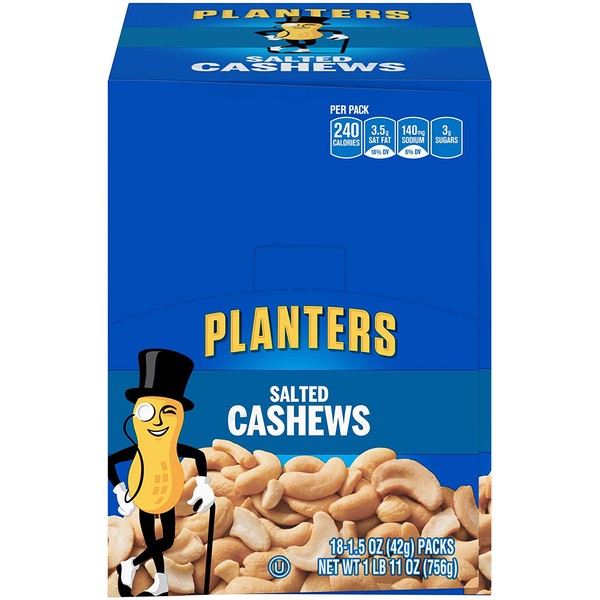 PLANTERS Salted Cashews, 1.5 oz. Bags (18 Pack) - Individually Packed Snacks On the Go - Snacks for Adults - Quick Snacks - Kosher