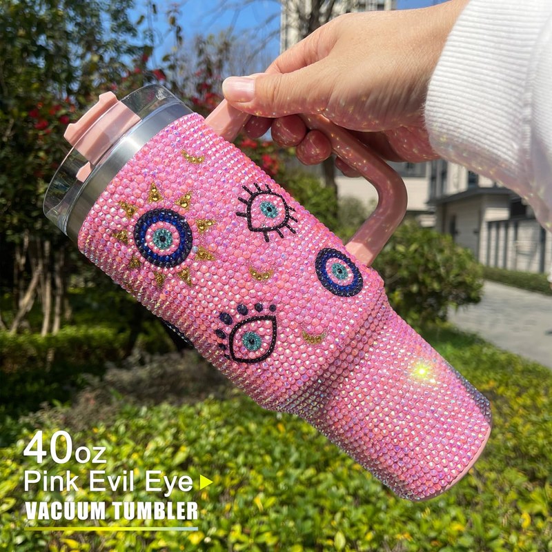 Cupcupmore 40 oz Pink Evil Eye Bling Rhinestone Stainless Steel