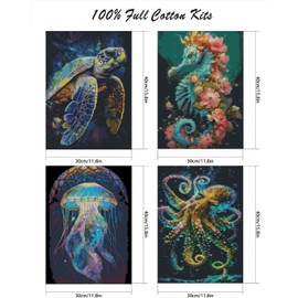 4 Packs Stamped Cross Stitch Kits, DIY Sea Animals Cross Stitch Ornament Kits for Adults Beginners, Counted Embroidery Needlepoint Kits Home Decor 12x16inch