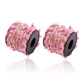 Burlap Leaf Ribbon 2 Rolls 66 Feet 5mm Jute Burlap Twine Vine with Artificial Leaves for Crafts Jungle Garland Party Wedding Garden Home Decoration Pink