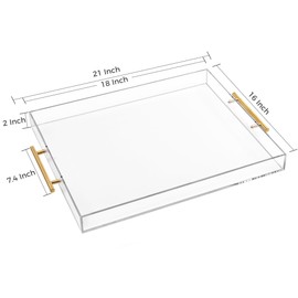 Large Clear Acrylic Serving Tray (16×18 Inches) with Gold Handles Spill Proof Acrylic Decorative Tray Organiser for Ottoman Coffee Table Countertop
