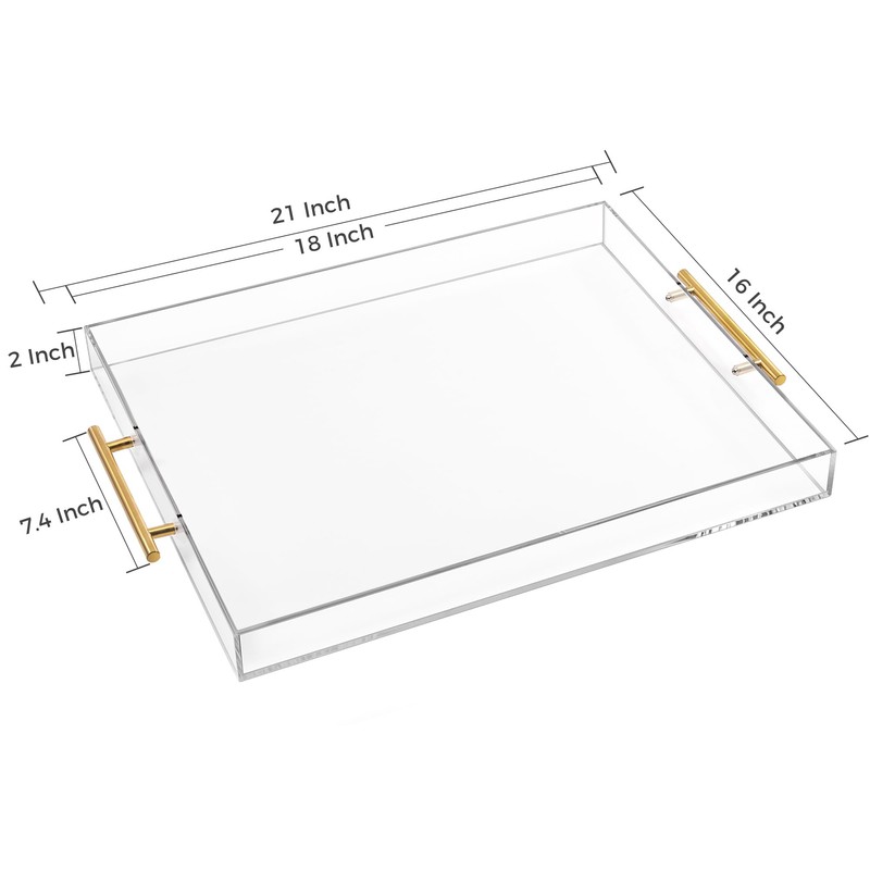 Large Clear Acrylic Serving Tray (16×18 Inches) with Gold Handles