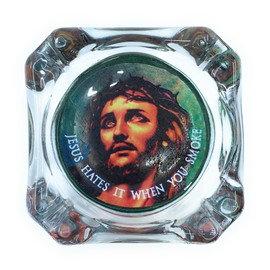 JESUS HATES IT WHEN YOU SMOKE Ashtray, Glass, Standard Ashtray Size 3.75 x 3.75 inches