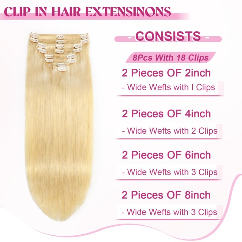 POGINJA Clip in Hair Extensions Real Human Hair, Remy Human