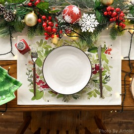 Artoid Mode Watercolor Holly Christmas Placemats Set of 12, 12x18 Inch Seasonal Winter Xmas Holiday Table Mats for Party Kitchen Dining Decoration
