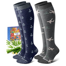 Lalapapa Bamboo Viscose Compression Socks for Women Men - 2 Pairs 15-20mmHg Knee High Graduated Compression Socks for Women Men Cute Breathable for Nurse Pregnancy Travel, Travel Design, S/M