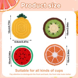 4pcs Crochet Fruit Coaster, Drink Coasters Set Cute Watermelon Kiwi Orange Pineapple Funny Coffee Table Mat Decor Tabletop Protection Accessories Bar Essentials for Home Office
