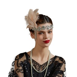 Comott Flapper Headband for Women Vintage 1920s Pearls Feather Lace Headpiece for Roaring Gatsby Party Masquerade（champagne）