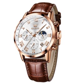 OLEVS Mens Watches Leather Chronograph Luxury Fashion Dress Analog Quartz Wrist Watch White Luminous Waterproof Moon Phase Date