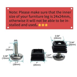 sourcingmap Leveling Feet 25 x 25mm Square Tube Inserts Kit Furniture Glide Adjustable Leveler for Table Desk Leg 8 Sets