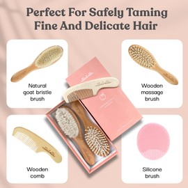 Ullabelle 4 Piece Wooden Baby Hair Brush and Comb Set for Newborns & Toddlers in Chic Gift Box - Ultra Soft Natural Goat Hair and Wood Baby Brush Set Prevents Cradle Cap - Perfect Registry Gift (Pink)