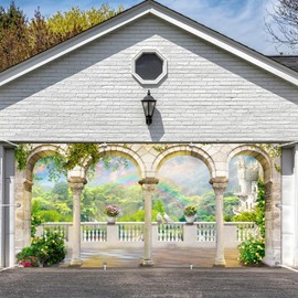 Leowefowa Vintage Marble Balcony Backdrop Banner Polyester 16x7ft White Garden Arch Buliding Backdrop Spring Mountain Flowers Background for Wedding Birthday Party Travel Decor Garage Door Banner