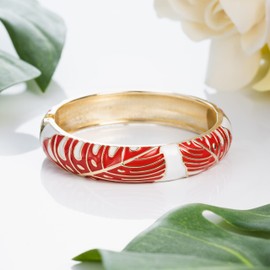 Hawaiian Monstera Luau Leaves Hinged Clasp Fashion Enamel Bangle Bracelet, Metal, no