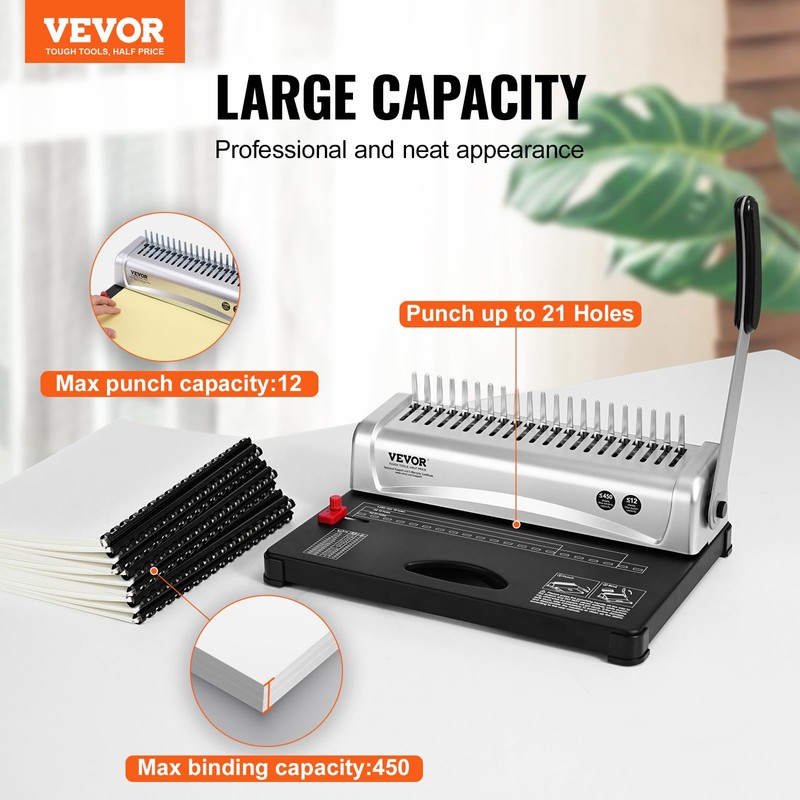 VEVOR Binding Machine, Comb Binding Machine 21-Holes Binding 450 Sheets,