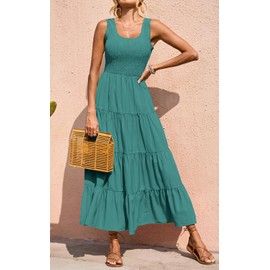 PRETTYGARDEN Sleeveless Flowy Spring Wedding Guest Dresses for Women Long Dress Smocking Top Crewneck Maxi Dresses (Bean Green, Small)