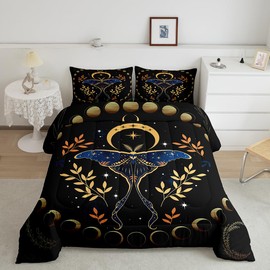 Castle Fairy Gothic Moth Comforter Set Queen Size,Bohemian Stars Moon Starry Galaxy Bedding Set for Women Adult,Leaves Botanical Exotic Luxury Bed Duvet Insert, 2 Pillowcases