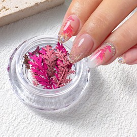 Real Dried Flowers Nail Decals Mini Fall Leaf Dry Flowers Nail Art Stickers Natural Autumn Leaves Dried Flower Nail Stickers Dry Floral Nail Decoration for Women Girls 1 Box Pink Dry Flower Leaf