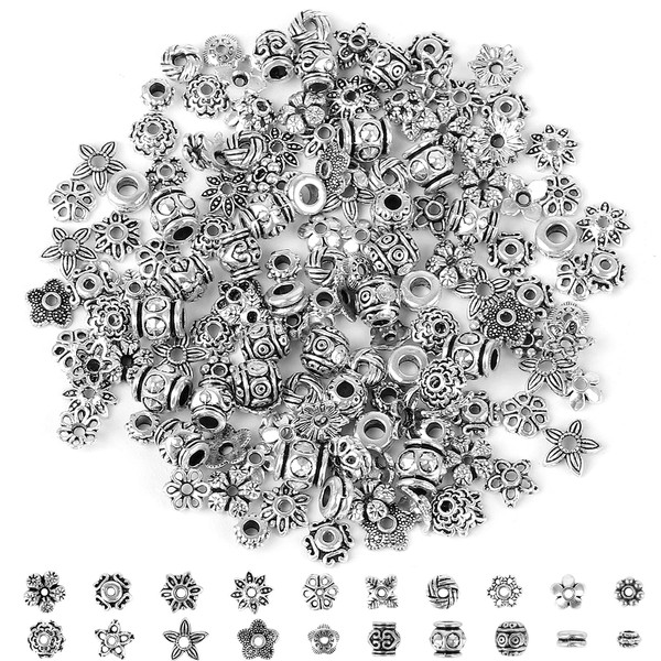 Perles Intercalaires Tibétaines en Argent, 160Pcs Perles d’Espacement Tibétain en Acier d'Alliage pour Création de Accessoire Bijou l'Artisanat DIY Colliers Bracelet (20 Styles)