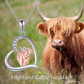 VONALA Highland Cow Highland Cow Necklace Highland Cow Pendant Necklace Highland Cow Gifts for Women Sterling Silver Highland Cow Heart Pendant Necklace Jewelry