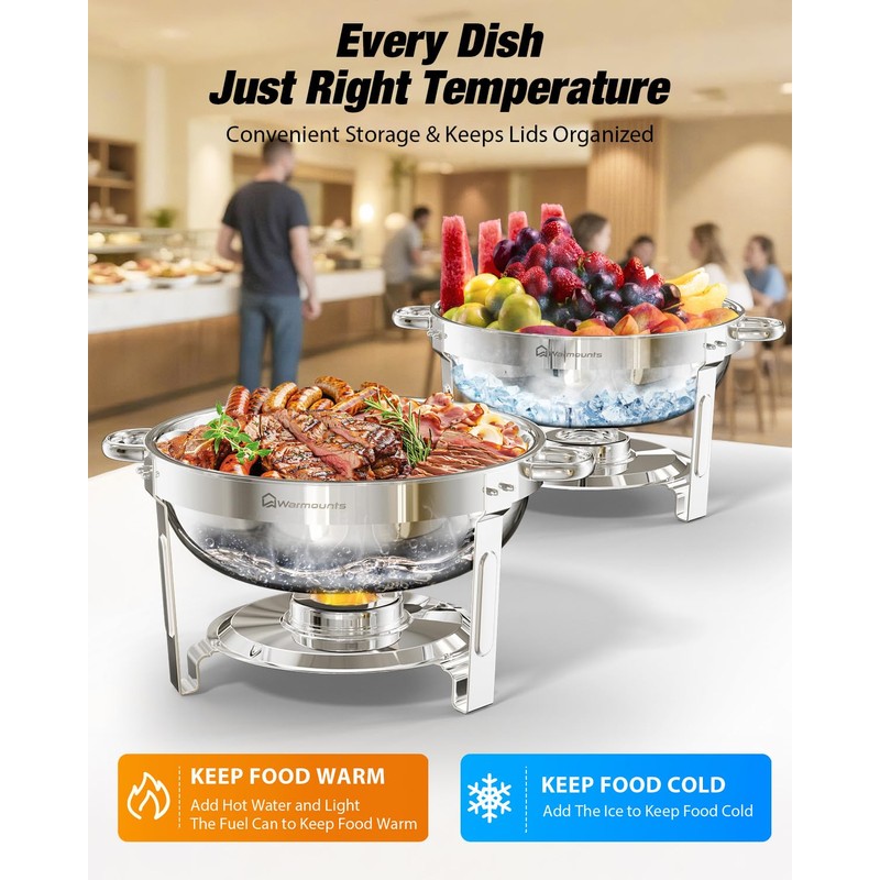 WARMOUNTS Round Chafing Dishes for Buffet with Glass Lid (5QT,