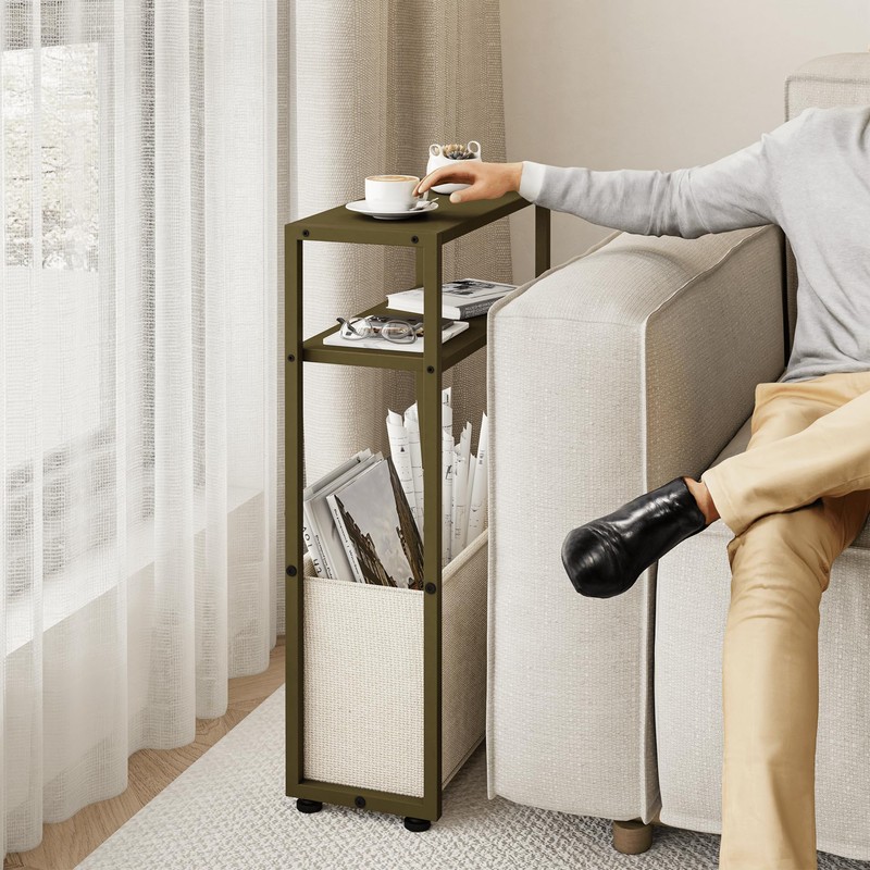 Leomonio Narrow Side Table, Slim End Tables with Fabric Basket,