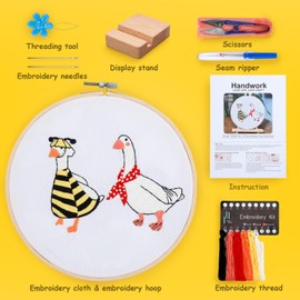 Embroidery Kit for Adult Beginners, Bee Goose Embroidery Kit with Step-by-Step Instructions and Video,Printed Cloth,7.87" Hoop, Display Stand,Color Threads,Threader & Needles for Craft Lover(BED003)