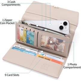 aurrako Wallets for Women Leather Clutch Credit Card Holder RFID Trifold Ladies Wallets Coins Zipper Pocket with ID Window Large Capacity (Khaki)