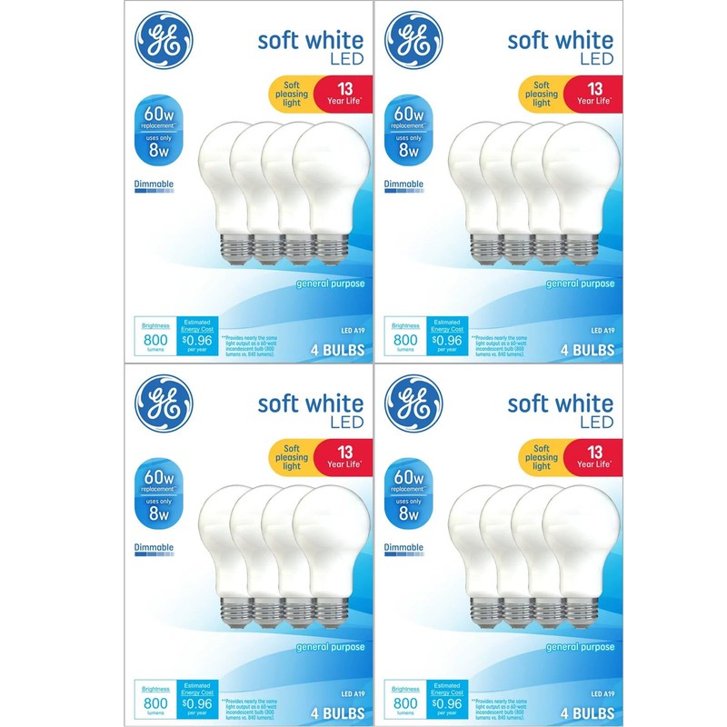 GE 16 Pack LED 60W Equivalent Soft White A19 2700K
