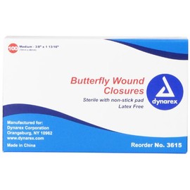 Dynarex Adhesive Bandage, Butterfly Fab, Medium, 3/8 Inches x 1 13/16 Inches Sterile, 100 Count