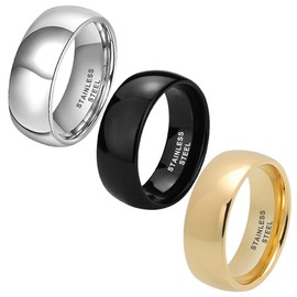 TUTISS 8mm Silver/Black/Gold 316L Stainless Steel Rings for Men Women Engagement Wedding Bands Domed Polished Comfort Fit 3 Pcs A Set Size 8.5