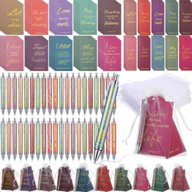 Moinchore 200 Pcs Bible Gifts Set Include 50 Bible Verses Notebooks 50 Christian Bookmarks 50 Scripture Ballpoint Pens 50 White Organza Bags for School Office Church Motivational Gift (Multicolor)