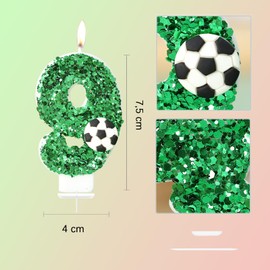 Bolosa Birthday Candles Numbers 9 - Football with Green Sequins for Children, Boys, Girls - Birthday Decoration, Party, Anniversary